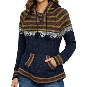 Alpaca Boho Fair Isle Hooded Sweater Pullover w/ Pockets Cozy Festival Style